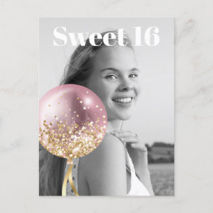Invitation Carte Postale *~* PHOTO Sweet 16 Balloon Rose Anniversaire AP29