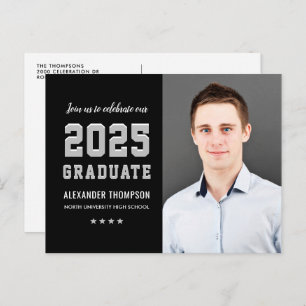 Invitation Carte Postale Photographie du Graduate Black Grey Party 2024