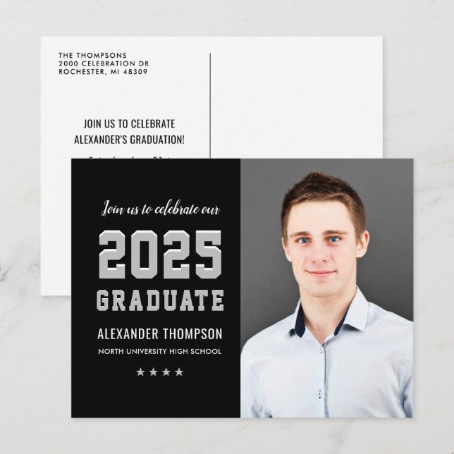 Invitation Carte Postale Photographie du Graduate Black Grey Party 2025 (Devant / Derrière)