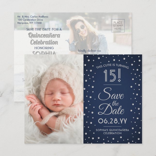 Invitation Carte Postale Photos de Quinceañera Enregistrer la date Bleu (Devant / Derrière)