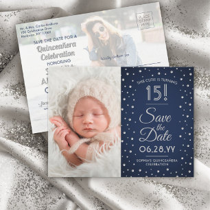 Invitation Carte Postale Photos de Quinceañera Enregistrer la date Bleu