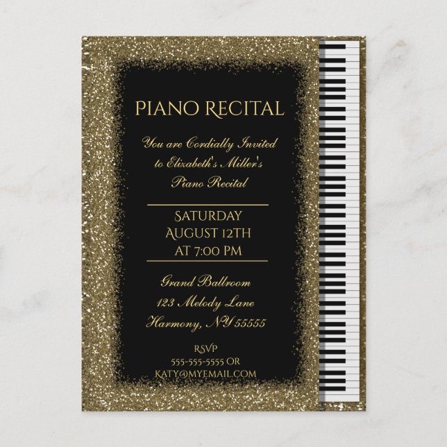 Invitation Carte Postale Piano Considérant Gold Parties scintillant Baby Gr (Devant)