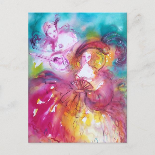 Invitation Carte Postale PIERROT ET ARLECCHINE / Mascarade vénitienne (Devant)