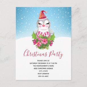 Invitation Carte Postale Pingouin de Noël mignon à la fête de Noël de Santa