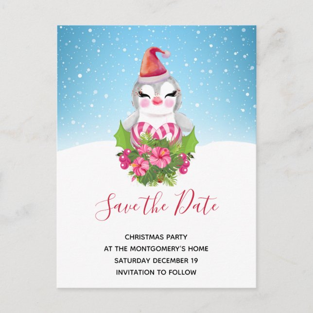 Invitation Carte Postale Pingouin de Noël mignon à Santa Hat Sauvez la date (Devant)