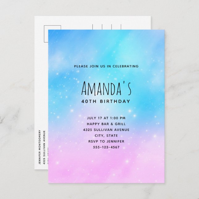Invitation Carte Postale Pink and Blue Pastel Gradient Sky Anniversaire (Devant / Derrière)