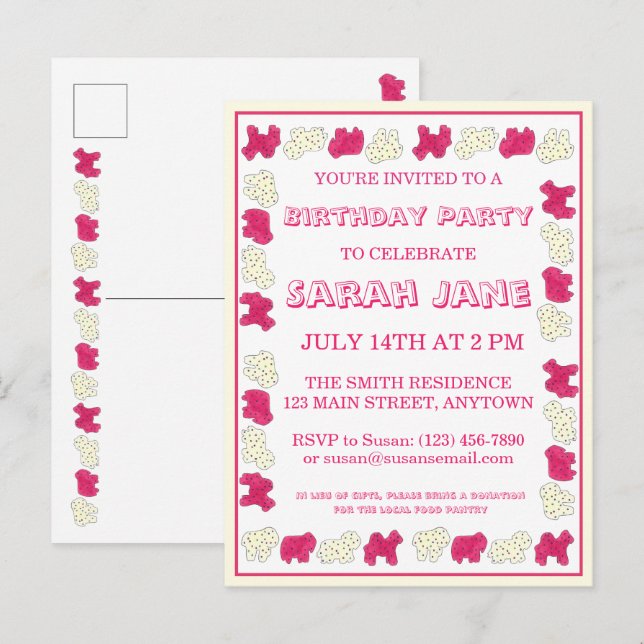 Invitation Carte Postale Pink Animal Crackers Cookies Circus Anniversaire (Devant / Derrière)
