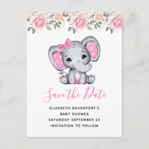 Invitation Carte Postale Pink Baby Elephant et frontière Rose Enregistrer l