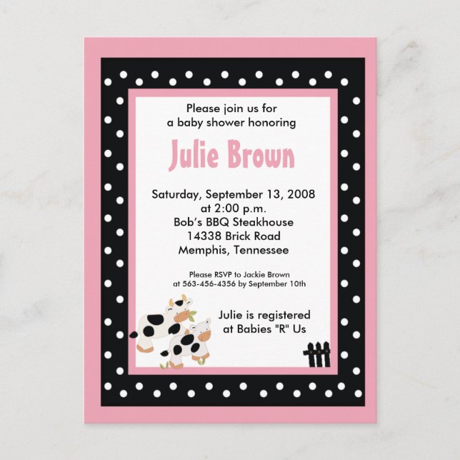 Invitation Carte Postale Pink & Black Girly Moo Vache Bébé Douche Invitatio (Devant)
