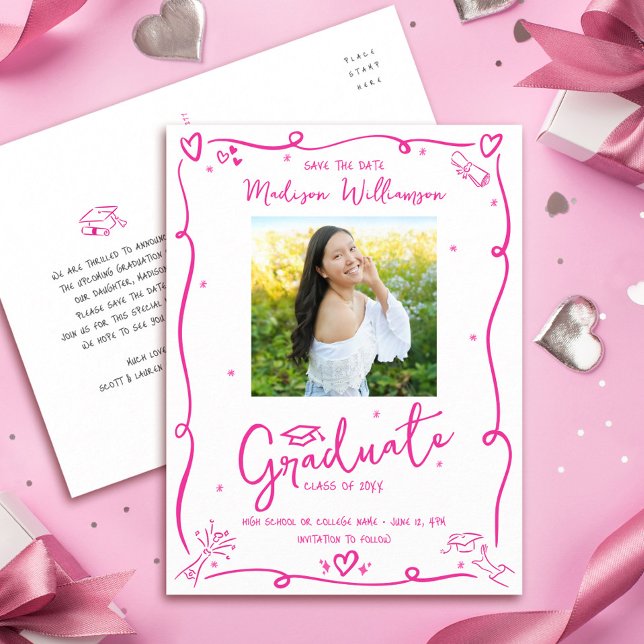 Invitation Carte Postale Pink Doodles Graduation Save the Date Photo White (Créateur téléchargé)