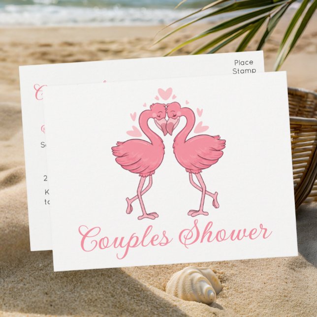 Invitation Carte Postale Pink Flamingo Tropical Beach Couples Bridal Shower (Créateur téléchargé)