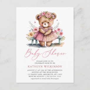 Invitation Carte Postale Pink Floral Greenery Élégant Baby shower Script