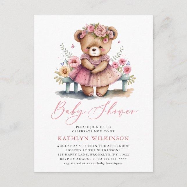 Invitation Carte Postale Pink Floral Greenery Élégant Baby shower Script (Devant)