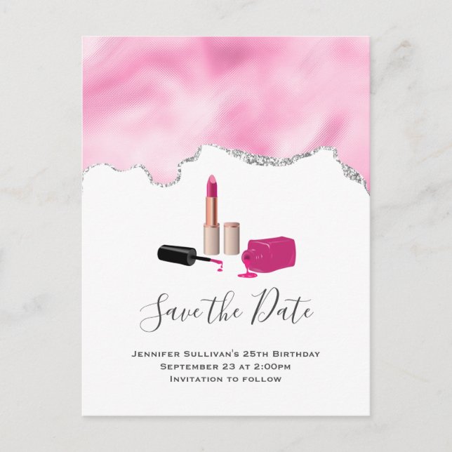 Invitation Carte Postale Pink Glam Lipstick & Nail polonais Enregistrer la  (Devant)