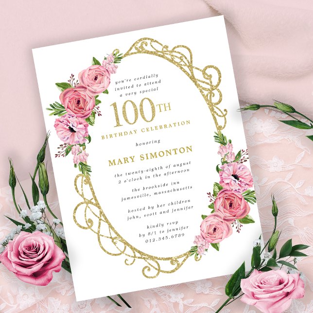 Invitation Carte Postale Pink Gold Floral 100e fête d'anniversaire (Créateur téléchargé)