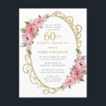 Invitation Carte Postale Pink Gold Floral 60e<br><div class="desc">Honorer une femme spéciale avec cette invitation élégante et féminine 60e anniversaire de fête. 60ème est écrit en gros texte doré. La célébration d'anniversaire suit. Le nom de l'invité honoré est également en lettres majuscules d'or. Le reste du texte est doucement gris colombe. Les détails de la fête d'anniversaire sont...</div>
