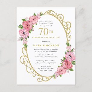 Invitation Carte Postale Pink Gold Floral 70e anniversaire
