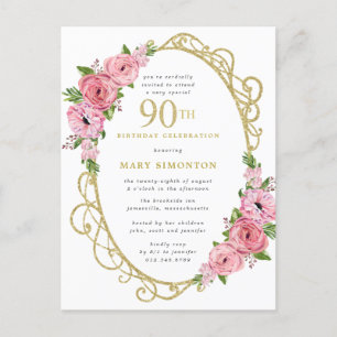 Invitation Carte Postale Pink Gold Floral 90e fête d'anniversaire