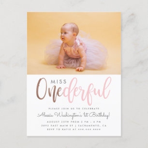 Invitation Carte Postale Pink Miss Onederful Script Photo 1er anniversaire