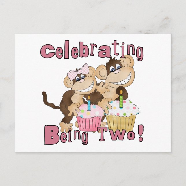 Invitation Carte Postale Pink Party Monkey 2e Anniversaire Tshirts et cadea (Devant)