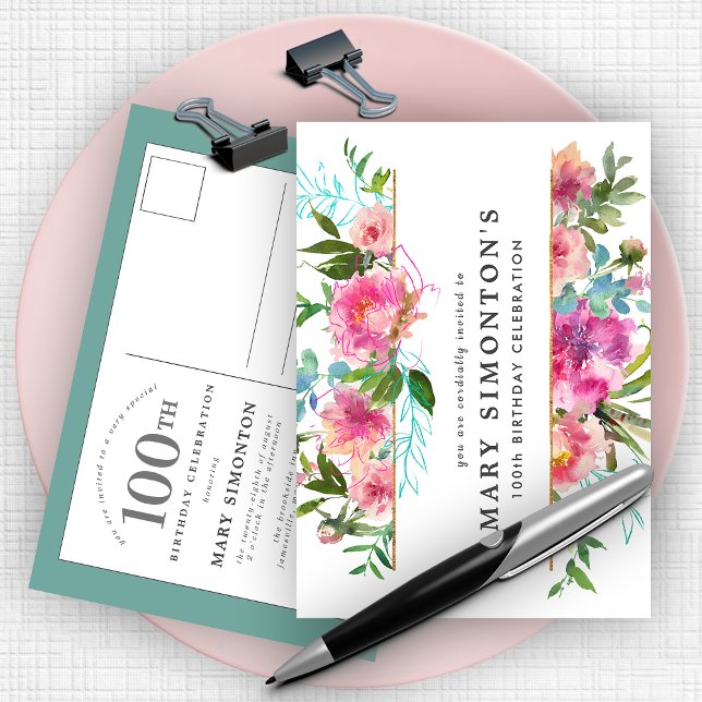 Invitation Carte Postale Pink Peony 100e anniversaire (Créateur téléchargé)