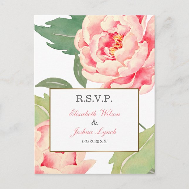 Invitation Carte Postale Pink Peony Flowers mariage rsvp (Devant)