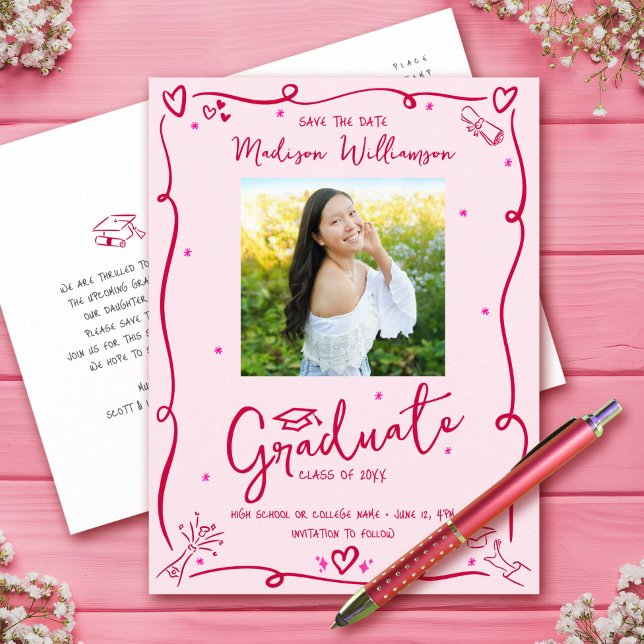 Invitation Carte Postale Pink Red Doodles Graduation Save the Date Photo (Créateur téléchargé)