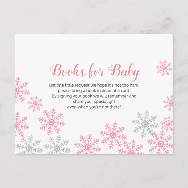 Invitation Carte Postale Pink Silver Winter Snowflake Livres pour bébé (Devant)