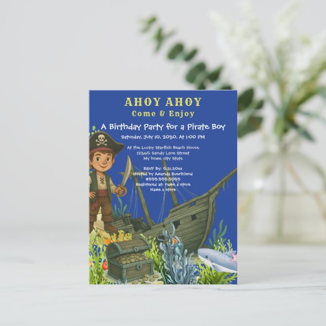 Invitation Carte Postale Pirate Boy Poisson tropical sous la mer Anniversai (Debout devant)