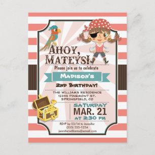 Invitation Carte Postale Pirate Girl; Coral rose et fête d'anniversaire Bro