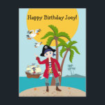Invitation Carte Postale Pirate kid birthday<br><div class="desc">This product is for kids that love pirates and piracy stories. It feesta cute little pirate boy that has arrived on this island with palm trees. There's a pirate ship in the horizon waiting for him to return with a treasure! Seagulls are watching. This product is ideal for a pirate...</div>