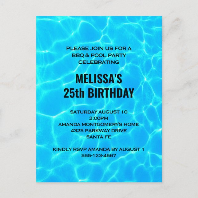 Invitation Carte Postale Piscine Bleue Clair Eau Photo Anniversaire Invitat (Devant)