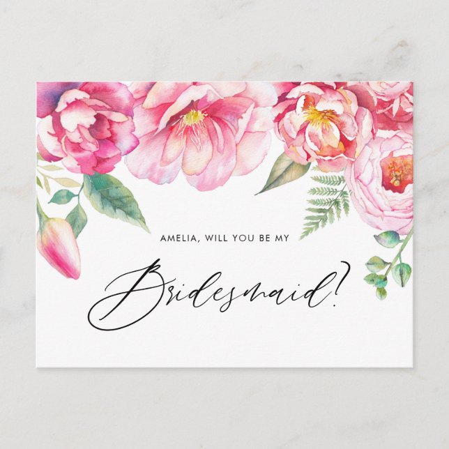Invitation Carte Postale Pivoines roses à l'aquarelle Veux-tu être ma demoi (Devant)