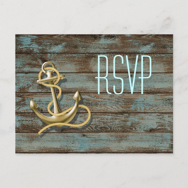 Invitation Carte Postale plage bois quai ancre nautique mariage rsvp (Devant)