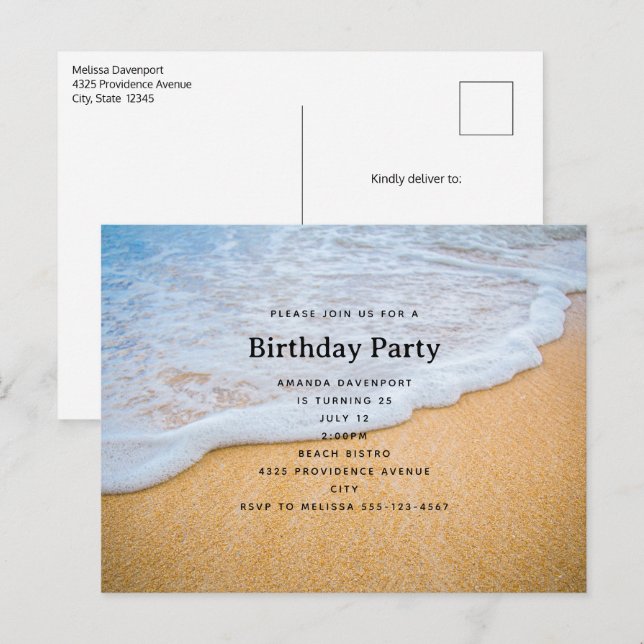 Invitation Carte Postale Plage de sable avec Surf en mousse Anniversaire (Devant / Derrière)