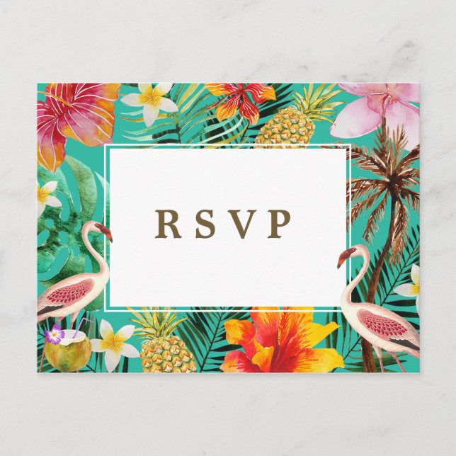 Invitation Carte Postale plage tropical flamingo mariage fête rsvp (Devant)