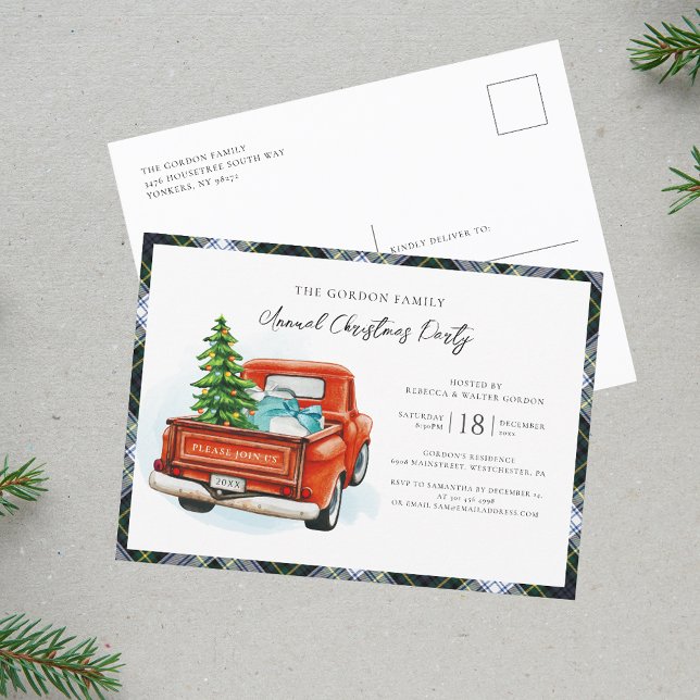 Invitation Carte Postale Plaid Clan Gordon Tartan Fête de Noël (Rustic Christmas Party Invitation Red Truck Gordon Tartan Postcard)