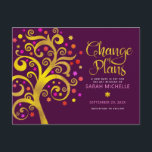 Invitation Carte Postale Plan de changement Bat mitzvah Bourgogne Gold Tree<br><div class="desc">Assurez-vous que tous vos amis et parents pourront encore célébrer le Bat mitzvah d’étape de votre fille, quelles que soient les circonstances imprévues dans le monde. Envoyez à un arrière - plan bourgogne violet, une carte postale personnalisée "Changement de Plans", un magnifique arbre à feuille d'or imitation, rose, orange et...</div>