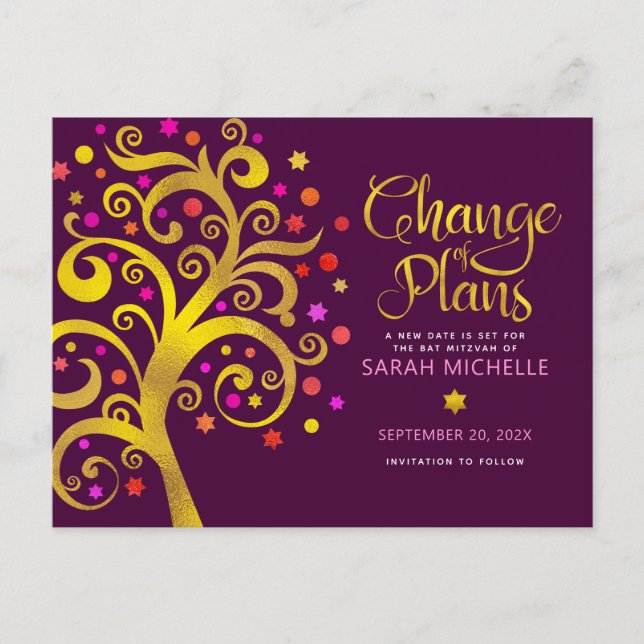 Invitation Carte Postale Plan de changement Bat mitzvah Bourgogne Gold Tree (Devant)
