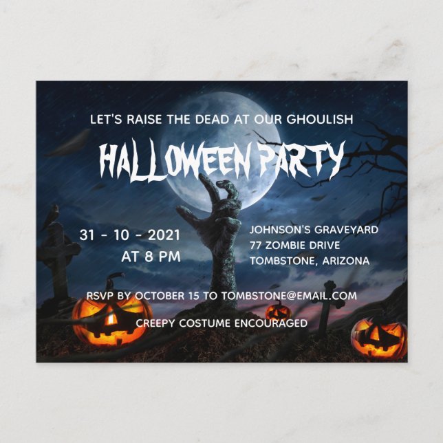 Invitation Carte Postale Pleine lune main Zombie Déplaisant Halloween Party (Devant)