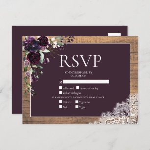 Invitation Carte Postale Plum Purple Floral Dentelle en bois Rustique Maria
