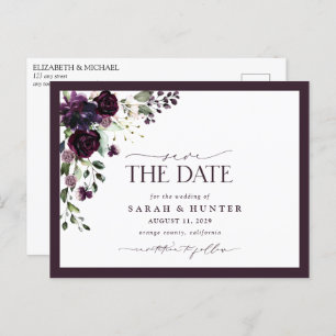 Invitation Carte Postale Plum Purple Floral Script Mariage Enregistrer La D