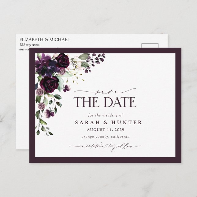 Invitation Carte Postale Plum Purple Floral Script Mariage Enregistrer La D (Devant / Derrière)