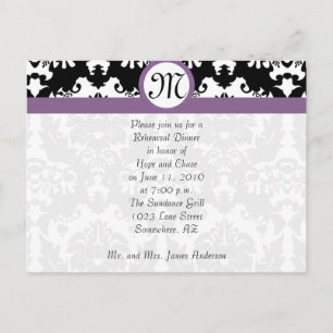 Invitation Carte Postale Plum Trim Black Damask Hearts Rehearsal Dîner