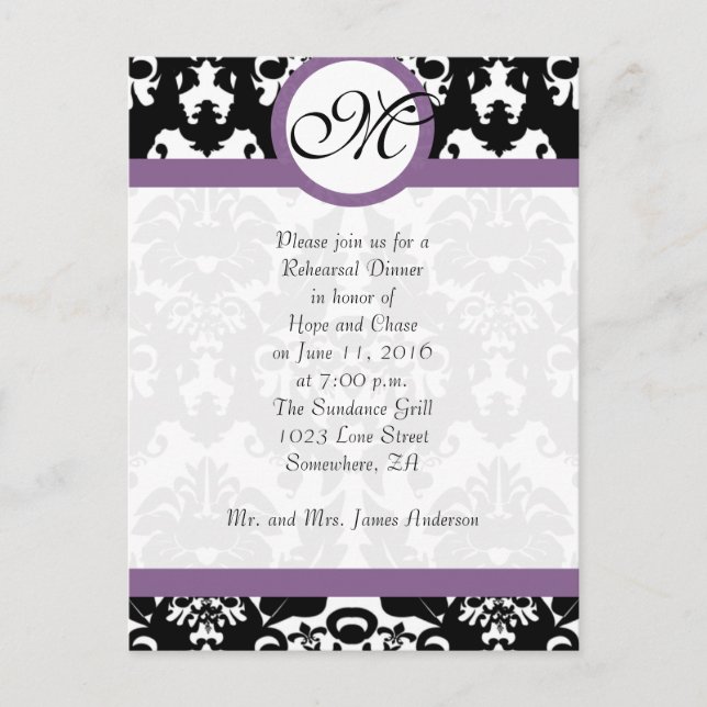 Invitation Carte Postale Plum Trim Black Damask Hearts Rehearsal Dîner (Devant)