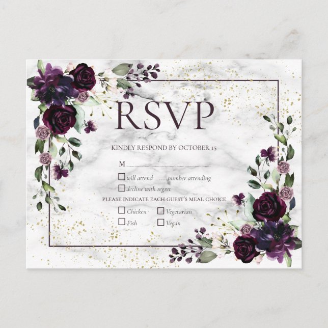 Invitation Carte Postale Plum violet Mariage de automne en marbre or RSVP (Devant)
