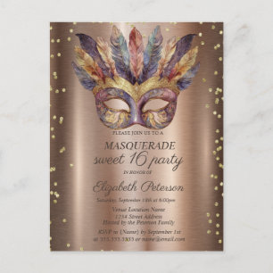 Invitation Carte Postale Plumes de Masque Diamants d'or Douceur en cuivre 1