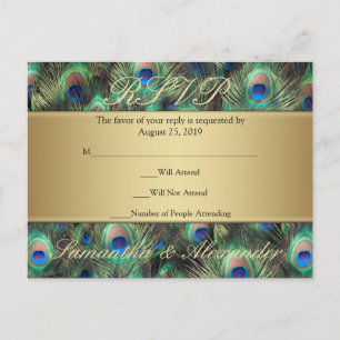 Invitation Carte Postale Plumes de paon d'or Réponse RSVP