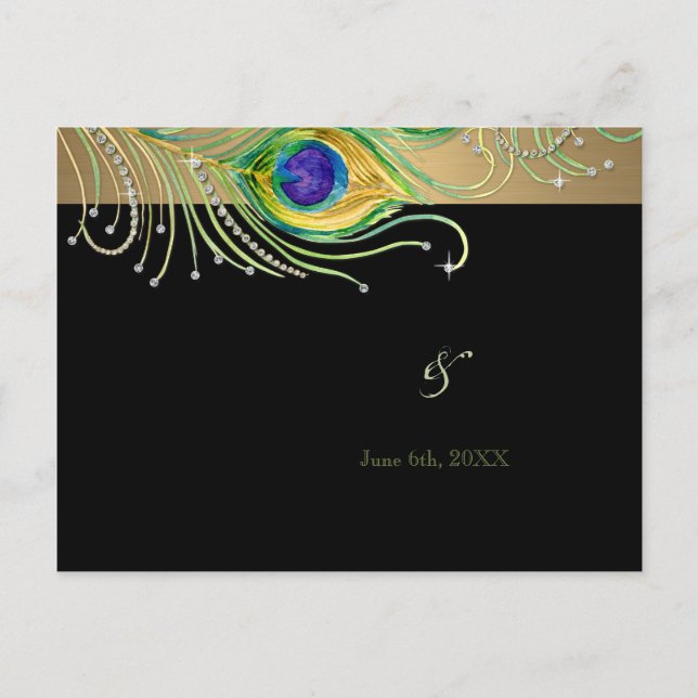Invitation Carte Postale Plumes de paon moderne Faux Jewel Scroll Swirl (Devant)