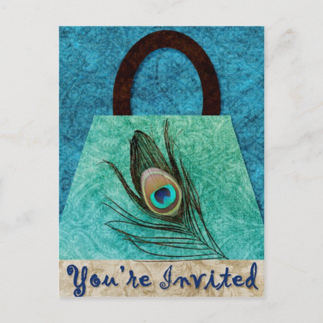 Invitation carte postale pochette plume de paon (Devant)